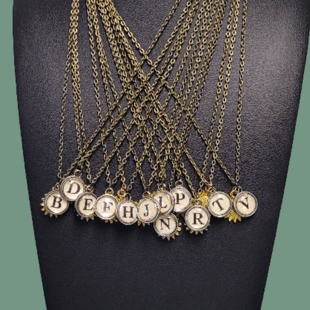 Vintage Typewriter Key (Tim Holtz) Initials Gold Plated Sunflower Charm Necklace - Picture 14 of 14